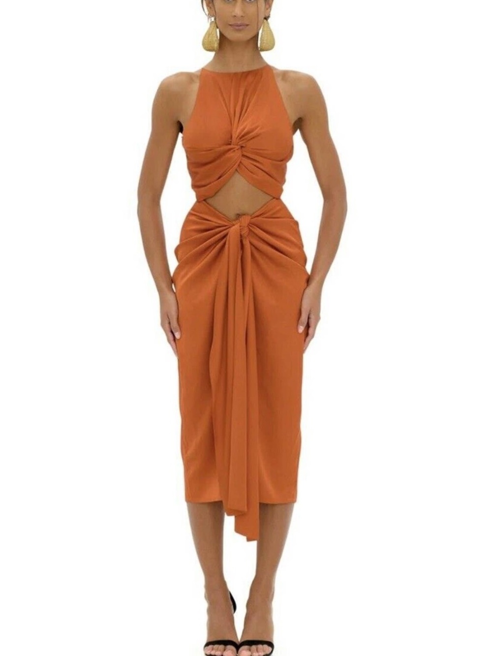 Andrea Iyamah Rust Orange Twist Cutout Midi Dress